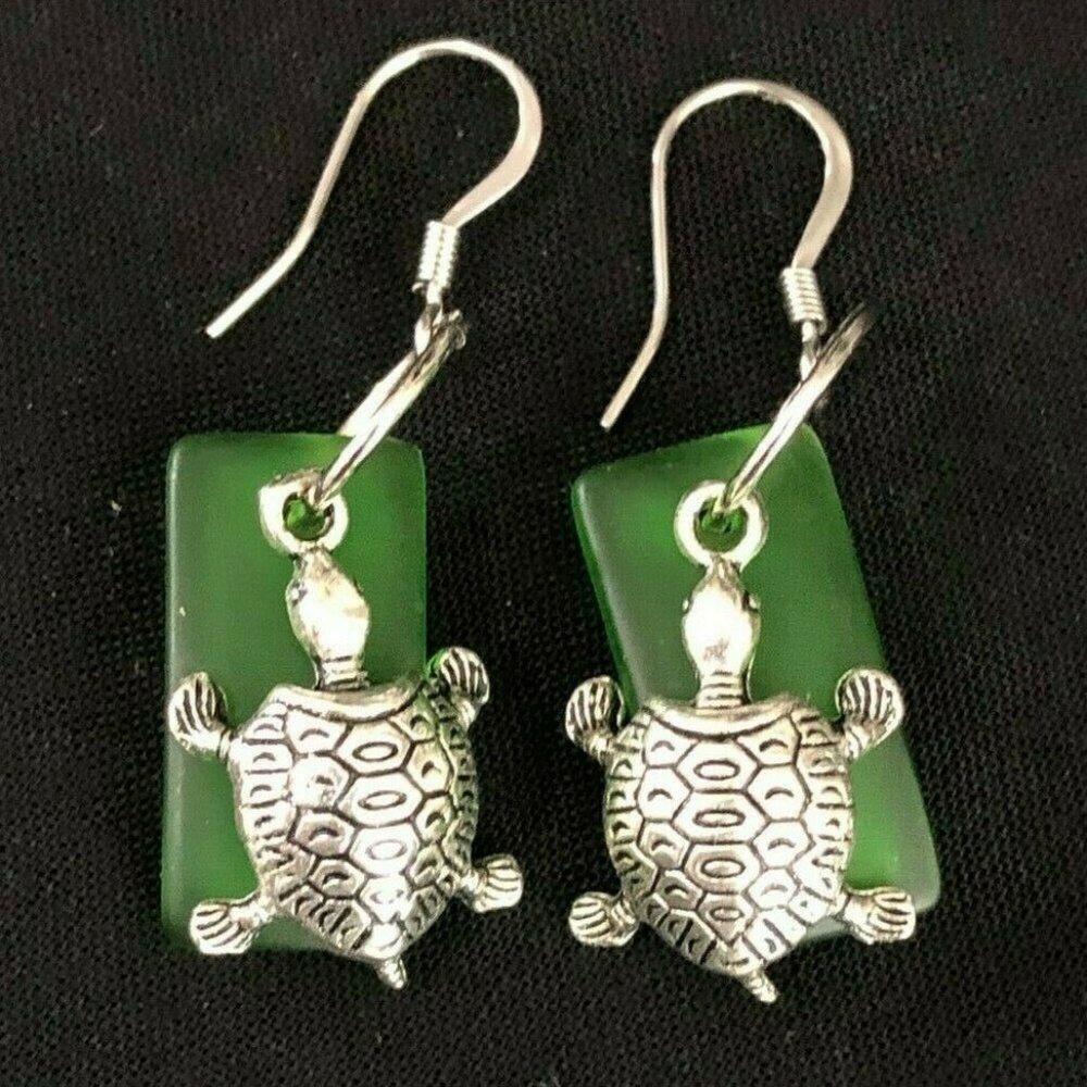 Green Sea Glass Sea Turtle Earrings Dangle